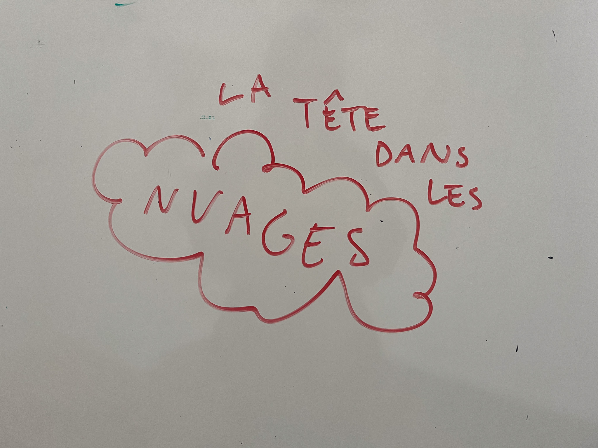 Photo de "la tête dans les nuages" écrit sur tableau blanc